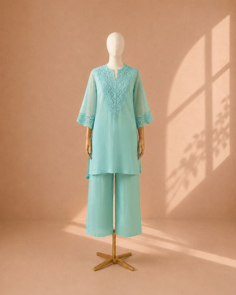Aqua Blue Mul Chanderi & Lace Set