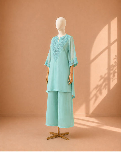 Aqua Blue Mul Chanderi & Lace Set