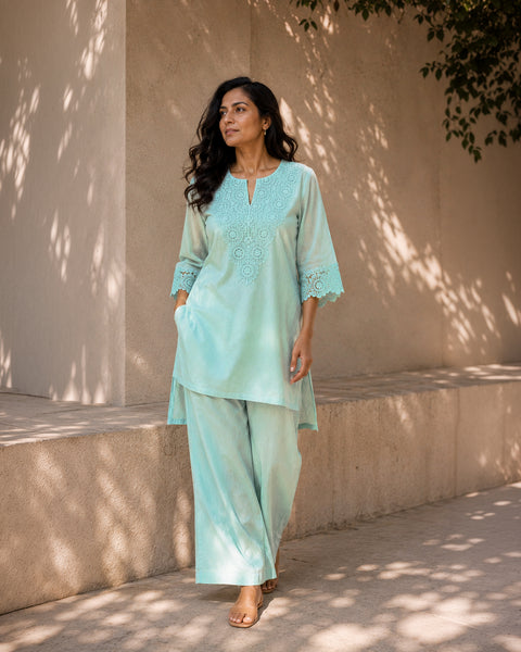 Aqua Blue Mul Chanderi & Lace Set