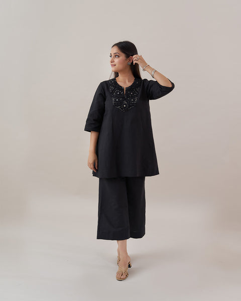 The Ink Black Pure Linen Co-ord Set with Cut-Fray Handwork