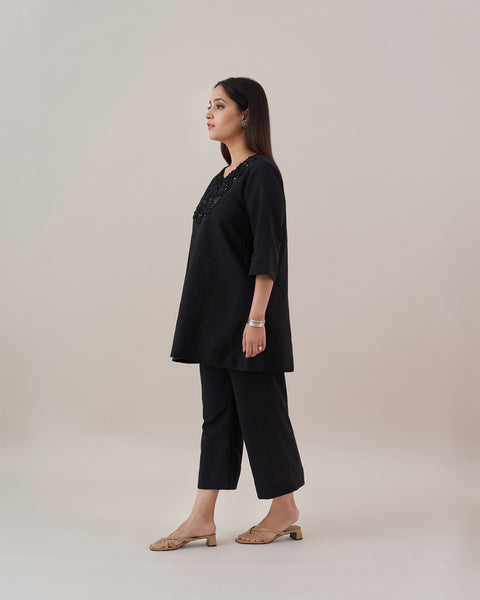 The Ink Black Pure Linen Co-ord Set with Cut-Fray Handwork