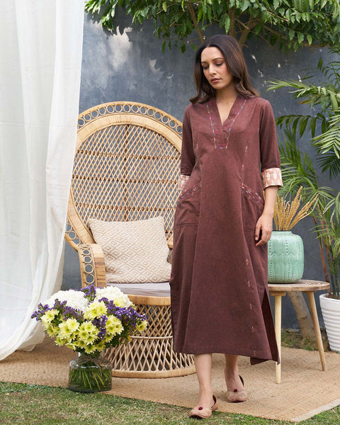 Cinnamon Brown Handwoven Cotton Dress with Handwork