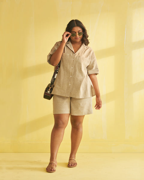 Sand Beige Hemp Crop Shirt & Shorts Co-ord Set