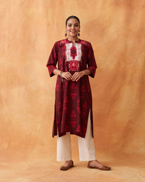 Sienna Handwoven Ikat Kurta with Handwork