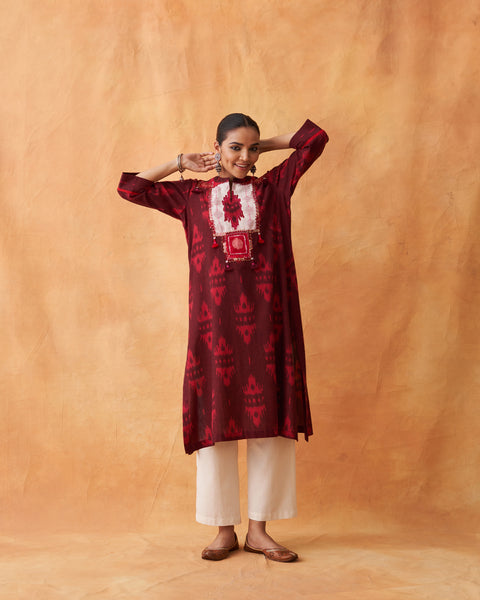 Sienna Handwoven Ikat Kurta with Handwork