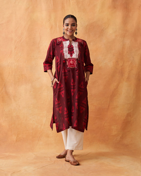 Sienna Handwoven Ikat Kurta with Handwork