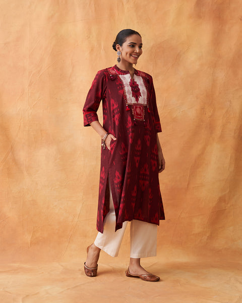 Sienna Handwoven Ikat Kurta with Handwork