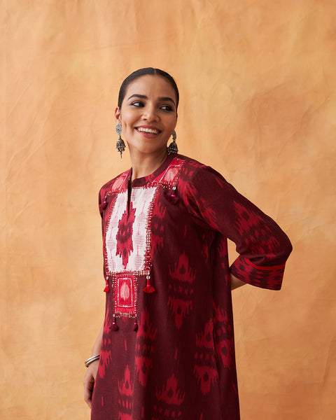 Sienna Handwoven Ikat Kurta with Handwork