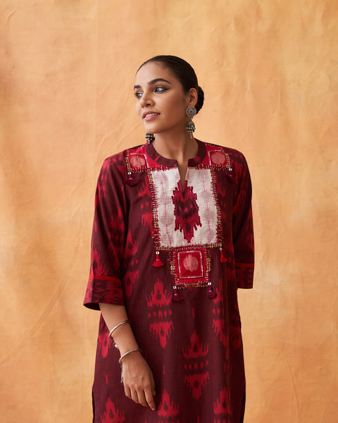 Sienna Handwoven Ikat Kurta with Handwork