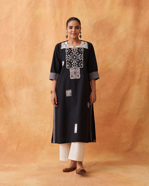 Ink Black Handwoven Kurta with Ikat & Handwork