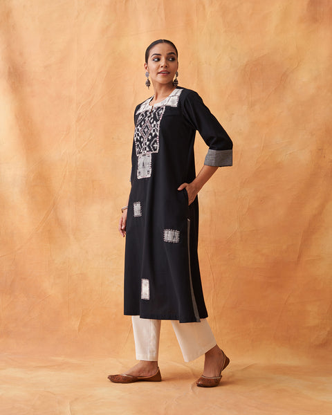 Ink Black Handwoven Kurta with Ikat & Handwork