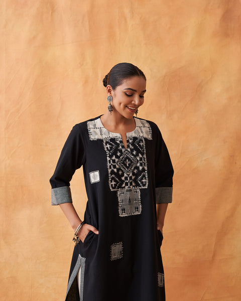 Ink Black Handwoven Kurta with Ikat & Handwork