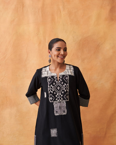 Ink Black Handwoven Kurta with Ikat & Handwork