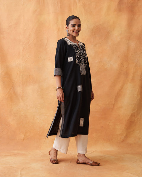 Ink Black Handwoven Kurta with Ikat & Handwork