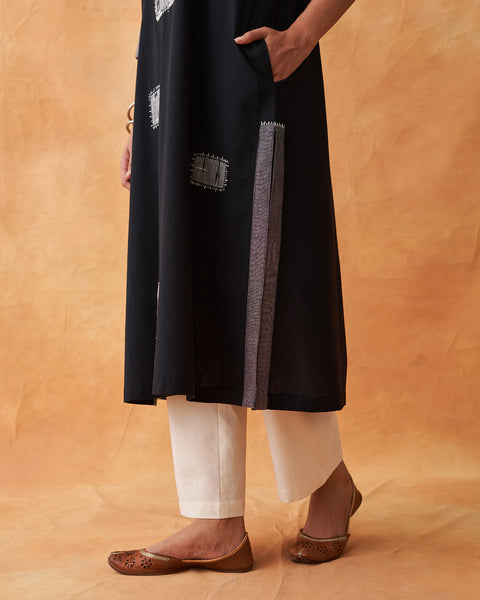 Ink Black Handwoven Kurta with Ikat & Handwork