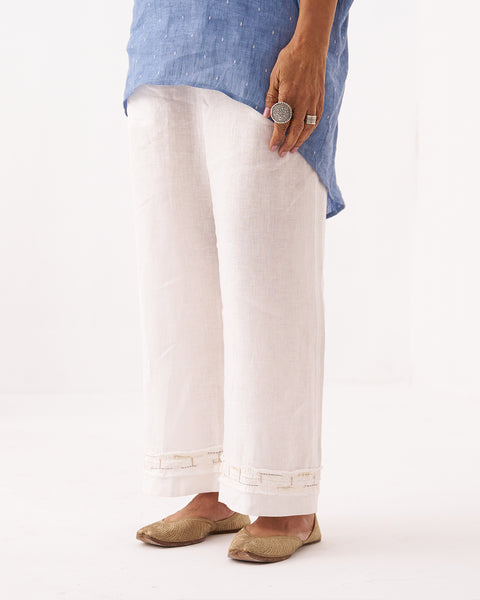 Ivory White Pure Linen Pants with Cut-Fray Handwork
