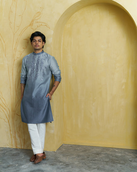 Ice Blue Silk Chanderi Kurta(Men)