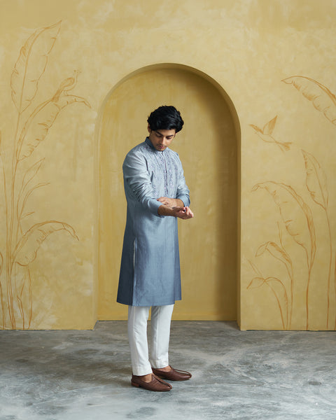 Ice Blue Silk Chanderi Kurta(Men)