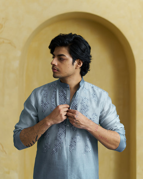 Ice Blue Silk Chanderi Kurta(Men)