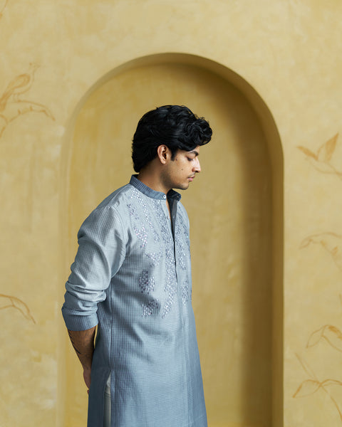 Ice Blue Silk Chanderi Kurta(Men)