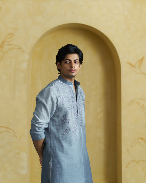 Ice Blue Silk Chanderi Kurta(Men)