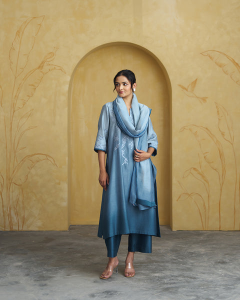 The Marina Blue Ombre Silk Chanderi Set