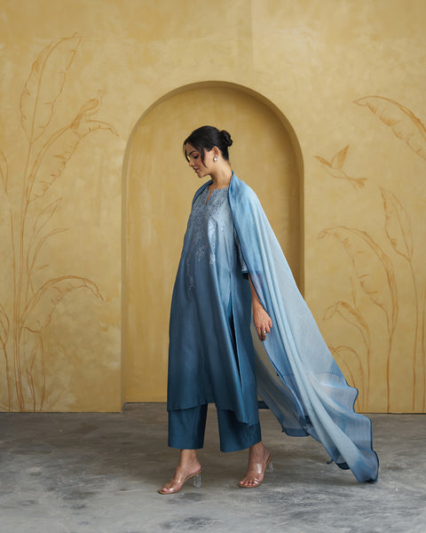 The Marina Blue Ombre Silk Chanderi Set