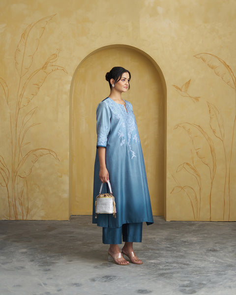 The Marina Blue Ombre Silk Chanderi Set