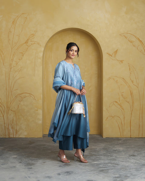 The Marina Blue Ombre Silk Chanderi Set