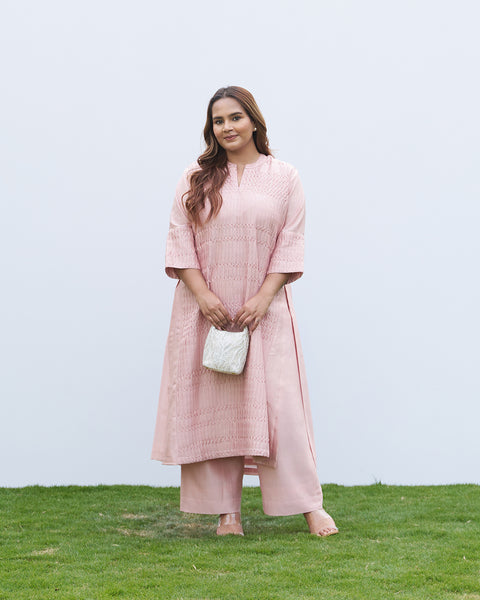 Powder Pink Silk Chanderi Pintuck Set