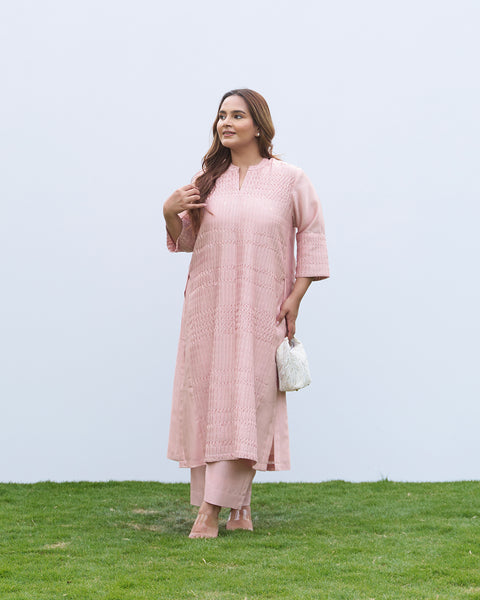 Powder Pink Silk Chanderi Pintuck Set