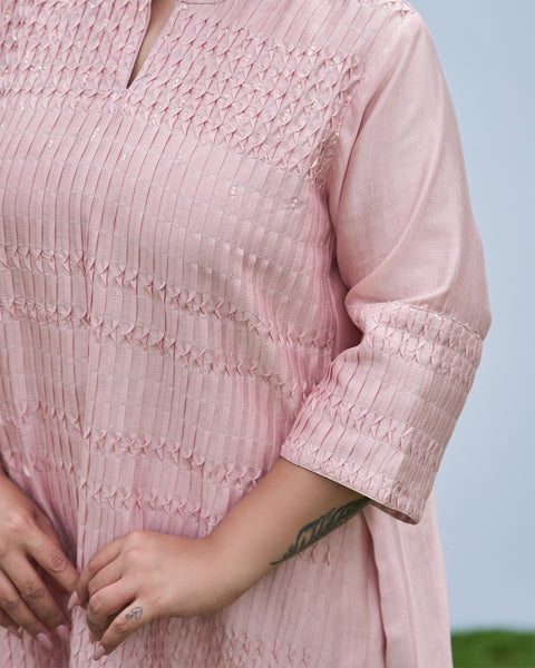 Powder Pink Silk Chanderi Pintuck Set