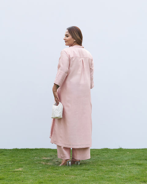 Powder Pink Silk Chanderi Pintuck Set