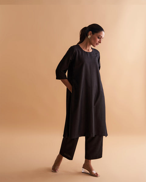 Black Silk Cotton Tunic & Pants Set