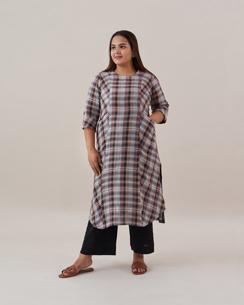 Black & Brown Check Pure Linen Tunic