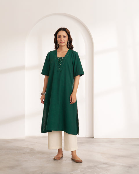 Panna Green Handwoven Cotton Kurta with Handwork