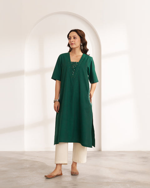 Panna Green Handwoven Cotton Kurta with Handwork
