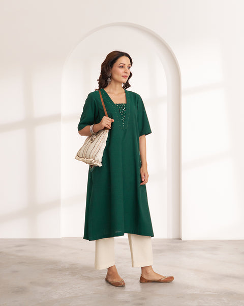 Panna Green Handwoven Cotton Kurta with Handwork