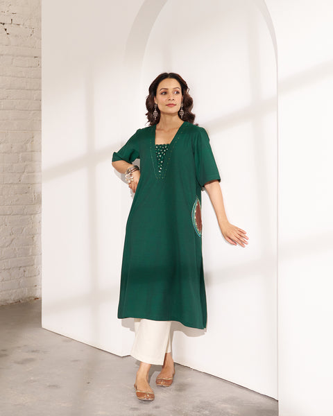 Panna Green Handwoven Cotton Kurta with Handwork