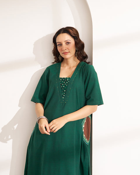 Panna Green Handwoven Cotton Kurta with Handwork