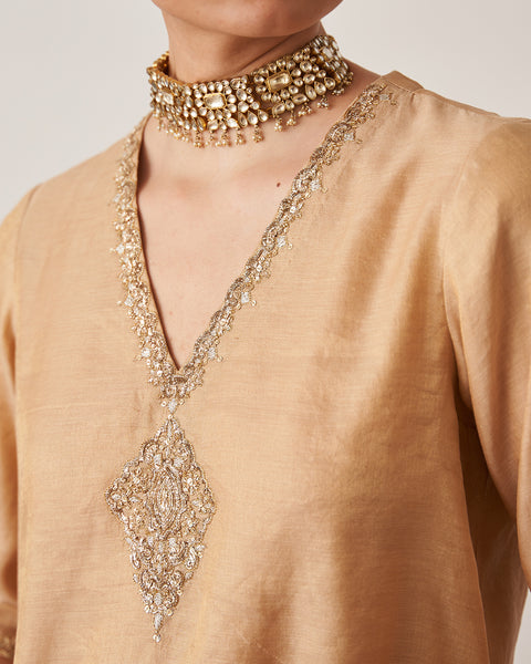 The Gold Silk Tissue Chanderi Gharara Set with Pittha Handwork