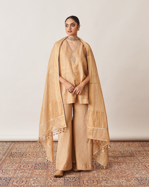The Gold Silk Tissue Chanderi Gharara Set with Pittha Handwork
