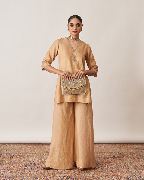 The Gold Silk Tissue Chanderi Gharara Set with Pittha Handwork