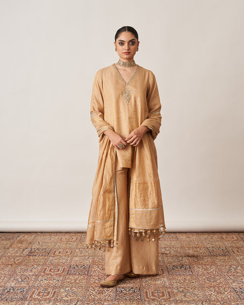 The Gold Silk Tissue Chanderi Gharara Set with Pittha Handwork