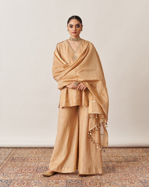 The Gold Silk Tissue Chanderi Gharara Set with Pittha Handwork