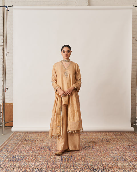 The Gold Silk Tissue Chanderi Gharara Set with Pittha Handwork