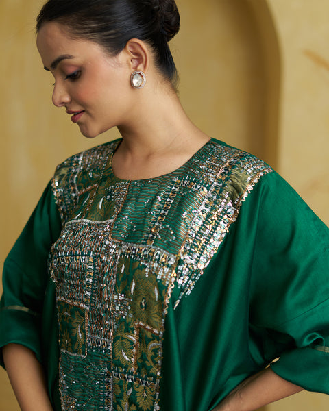Emerald Green Silk Chanderi Set With Handwork