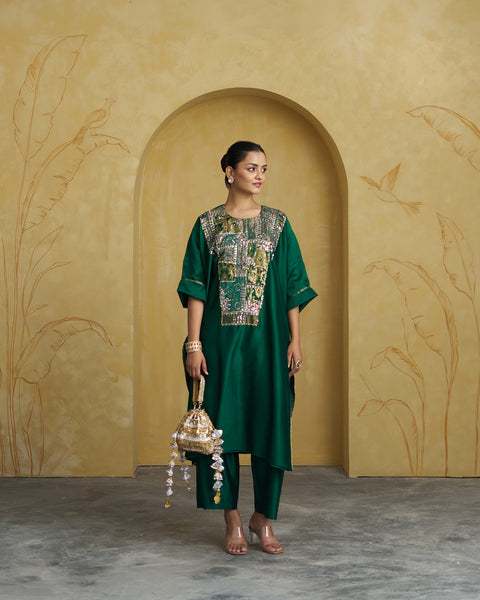 Emerald Green Silk Chanderi Set With Handwork