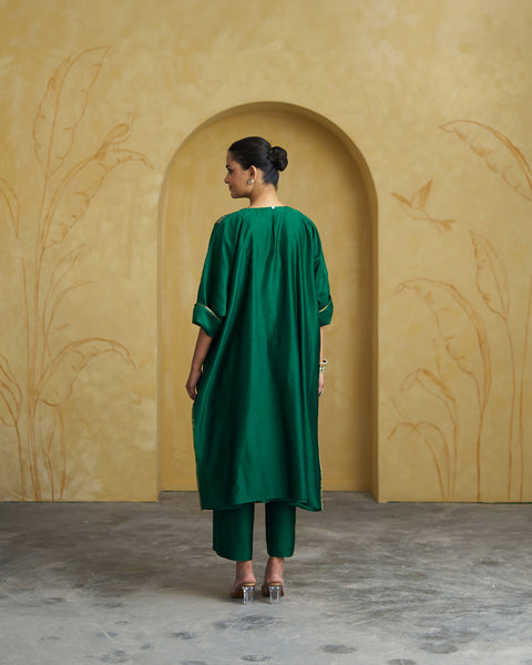 Emerald Green Silk Chanderi Set With Handwork