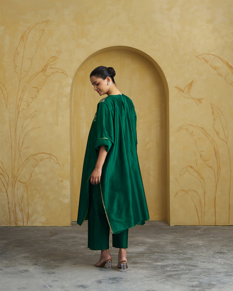Emerald Green Silk Chanderi Set With Handwork